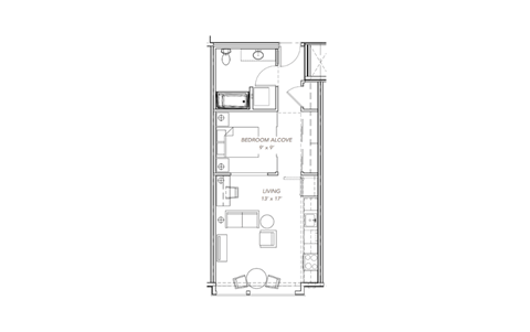 a floor plan of a small apartment with a bedroom and a living room